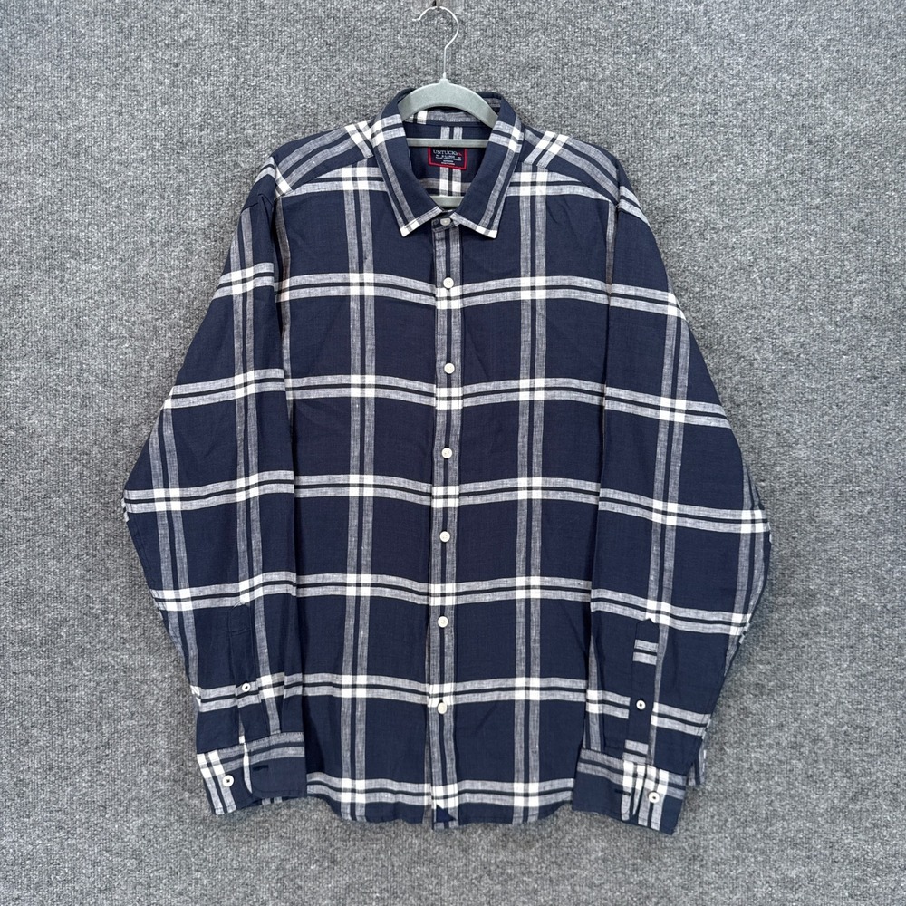 Untuckit Button Down Shirt Mens XL Blue Plaid Linen Slim Fit Wrinkle Resistant